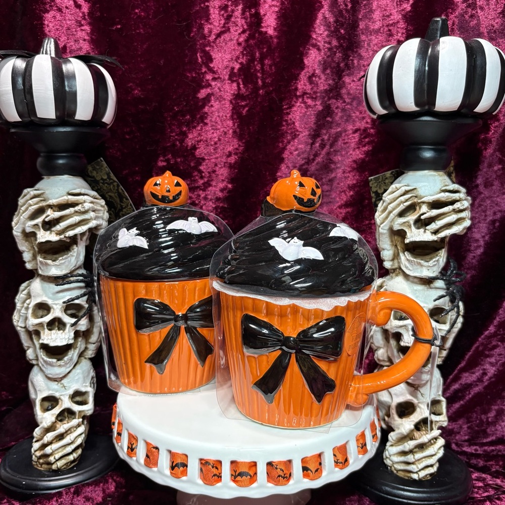 Cobwebs & Cauldrons Halloween Bat Cupcake Mug w/ Topper - Orange & Black Bow